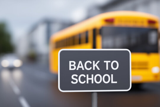 Back to school sign on street pole with yellow school bus in blurred background, realistic transportation safety visual for fall education or traffic awareness use - Powered by Adobe