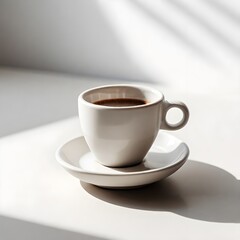 Minimalist coffee cup with saucer and window light shadows on white surface