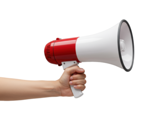 A clean human hand with neutral skin tone firmly grasping a modern white and red megaphone in a precise 3/4 view, isolated on a transparent studio background with even, shadowless lighting, ready for
