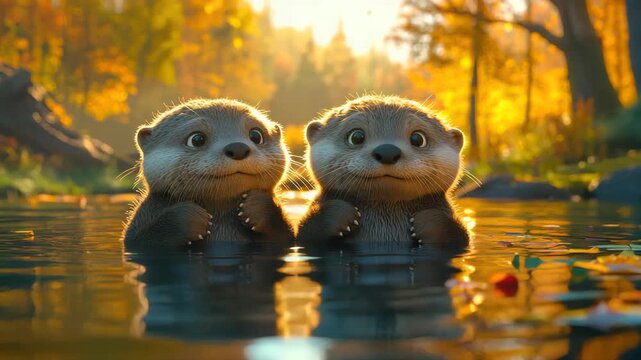 Two Adorable Otters in a Calm Autumn River