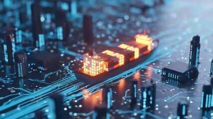 A futuristic cargo ship sails through a digital city, symbolizing the interconnectedness of global trade and technological innovation - Powered by Adobe