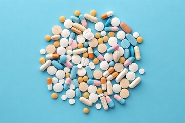 A variety of colorful medicinal pills and tablets are scattered on a blue surface, symbolizing healthcare and pharmaceutical treatments