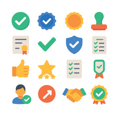 validation symbols and marks modern flat style. checkmark, verified badge, seal stamp, approval ribbon, certificate, green tick, shield with check, stamp of approval
