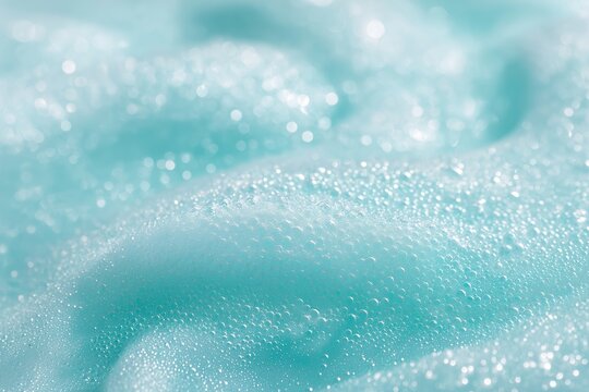 Close-up view of soft, bubbly foam with sparkling water droplets on a smooth surface, creating a serene and refreshing atmosphere in a tranquil setting