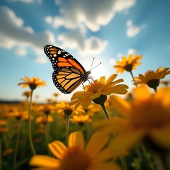 Fototapeta premium Monarch Butterfly on Yellow Flower in Blooming Field at Golden Hour