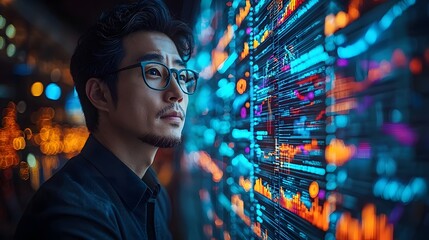 Visionary businessman analyzing digital data and strategies for business growth