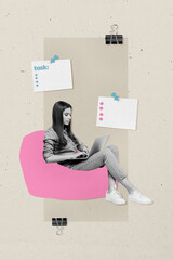 Creative composite collage of office manager young lady sit beanbag type laptop note sticker plan...