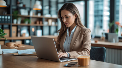 Businesswoman managing documents digitally on a laptop.