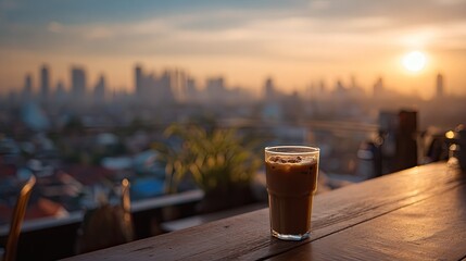 Iced coffee glass on rooftop patio at sunset over city