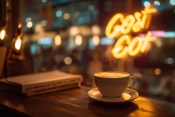 Hojicha latte in a white cup placed on a wooden table, with a cozy cafe ambiance and warm lighting, creating a relaxing atmosphere for coffee lovers