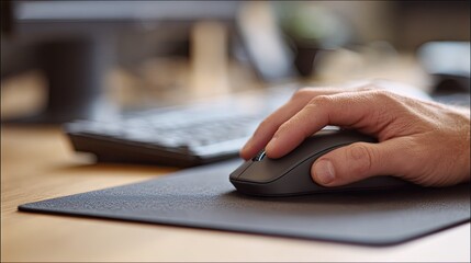 Hand using a gray wireless computer mouse on a dark desk mat