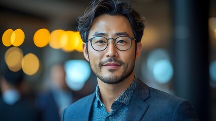 Obraz premium Confident Korean businessman speaking at an international business conference
