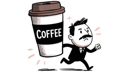 A black and white cartoon illustration of a man running while carrying an oversized disposable coffee cup.