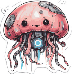 Cute cartoon vector illustration of an octopus character with a gun, a funny design for sea animal art