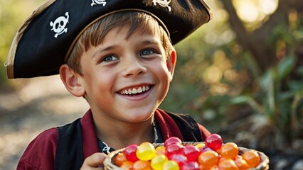 Child dressed up in kid's pirate costume holding basket with candies
