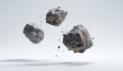 Three large rocks levitate against a plain white background, with smaller fragments scattered around