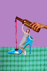 Pop banner trendy vertical photo collage of happy girl guy stand shoes hand pour wine alcohol...