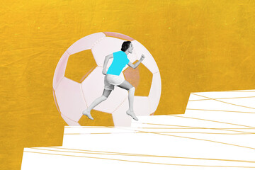 Trendy art creative panoramic photo collage of happy sportswoman goalkeeper run football ball...