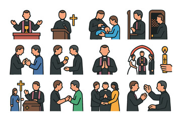 priest activities and ceremonies modern flat style. performing mass, giving sermon, baptism, confession, blessing hands, offering communion, praying, reading scripture