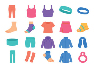 yoga attire and clothing modern flat style. yoga pants, tank top, sports bra, headband, barefoot, yoga socks, loose shirt, yoga skirt, wristband, yoga shorts, hoodie