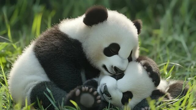 Two Adorable Panda Cubs Playfully Wrestling in Green Grass