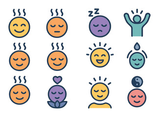 Obraz premium aromatherapy emotions and moods modern flat style. happy face, calm expression, sleepy face, energized person, focused face, relaxed smile, joyful emotion, stress relief