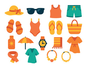 summer clothing and accessories modern flat style. sun hat, sunglasses, tank top, shorts, sandals, swimsuit, flip flops, beach bag, sunscreen bottle, parasol, wristwatch