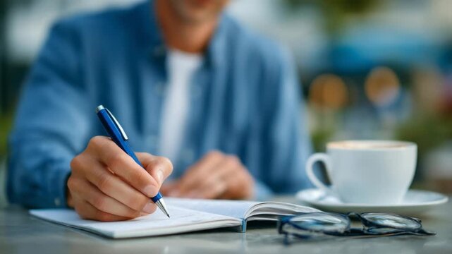 Focused note-taking in a casual office setting with a blue ink pen, coffee cup, and glasses in the background.