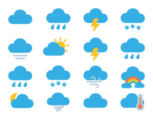cloud weather symbols modern flat style. cloud, rain cloud, thundercloud, snow cloud, fog, sun behind cloud, lightning cloud, storm cloud, cloud with raindrops, cloud