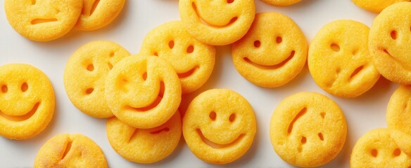The cheerful collection of smiley face snacks on a white background.