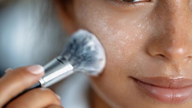 Close-up of a young woman applying loose powder with a soft brush, showcasing smooth skin and a natural makeup look.