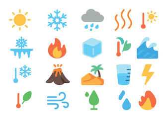 temperature in weather and nature modern flat style. sun, snowflake, cloud with rain, heat waves, frost, fire, ice cube, thermometer with sun, thermometer with snowflake