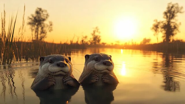 Two Otters Holding Paws at Sunset in a Calm River