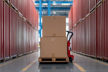 Boxes on a pallet jack: Stacked boxes are transported in a warehouse aisle, amidst rows of containers. Logistics and distribution at work.