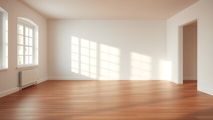 Fototapeta premium Minimalist living room with wooden floors, embodying clean and spacious design.