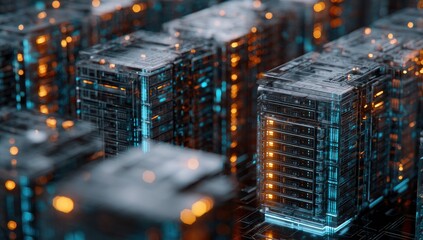 Abstract cityscape of futuristic, translucent, interconnected structures