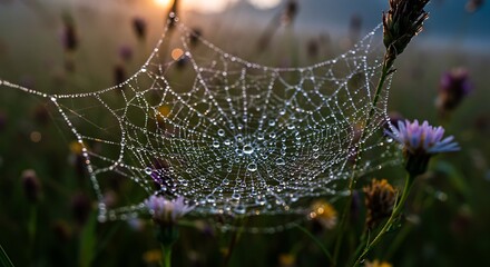 Close-up view of a delicate spiderweb glistening with water droplets, set amongst wildflowers.