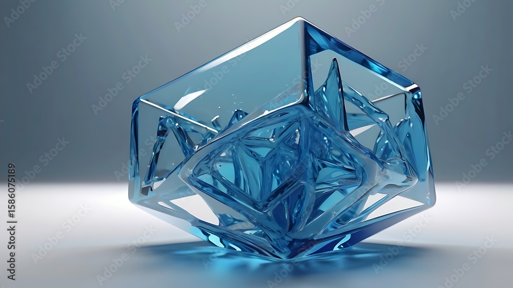 Fototapete a transparent blue crystal geometric shape reflects light and shadow, creating a modern and abstract