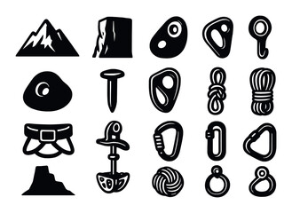 mountain peak, rock face, cliff, boulder, rope anchor, climbing hold, piton, bolt hanger, rappel anchor, harness buckle, camming device, climbing knot, climbing rope coil