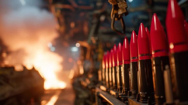 A striking image of guided missiles with red warhead tips on reinforced racks, illuminated by industrial lighting, and an ominous crane hook overhead.