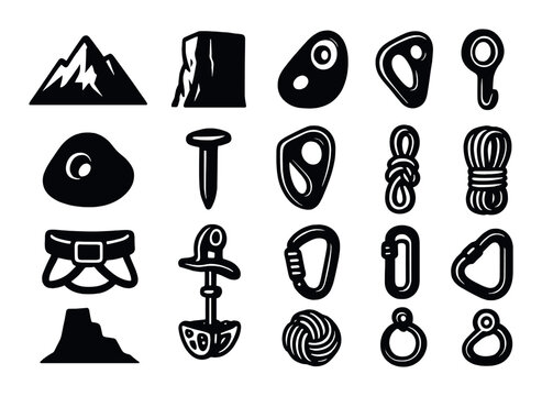 mountain peak, rock face, cliff, boulder, rope anchor, climbing hold, piton, bolt hanger, rappel anchor, harness buckle, camming device, climbing knot, climbing rope coil