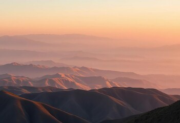 Layered hills, soft sunrise hues, textured earthy tones, minimalist mountain landscape,  elegant,  hills