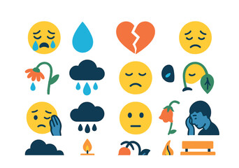 Sorrowful expressions modern flat style. crying face, teardrop, broken heart, sad emoji, wilted flower, rain cloud, frowning face, drooping eye, hand wiping tears, dark