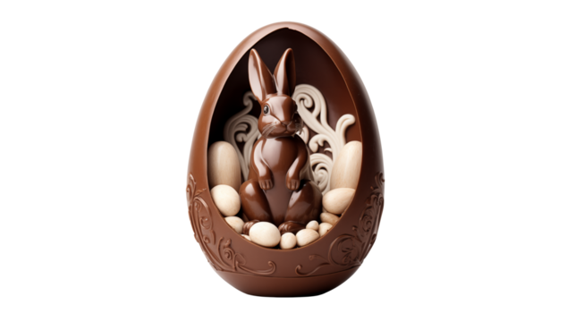 Delicious chocolate Easter bunny resides within a handcrafted chocolate egg treat.