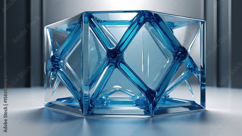 Fototapete a transparent blue crystal geometric shape reflects light and shadow, creating a modern and abstract