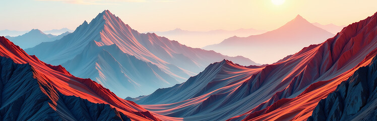 sprawling mountain landscape unfolds amidst vibrant layered paper background intricate textures colors blending perfect
