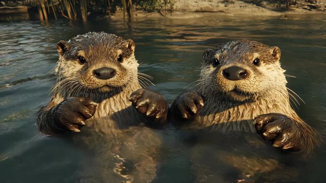 Two Otters Holding Paws in Calm Water