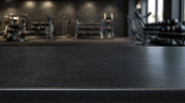 Black Countertop with Gym Background: A Concept for Fitness Product Display