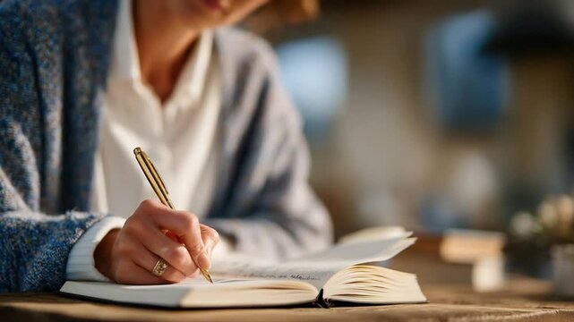 A woman's hand sketches and writes in a journal on a wooden table, embodying personal reflection and creativity.