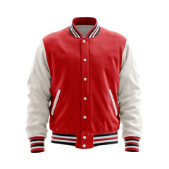 A red and white varsity jacket with button closure and striped collar and cuffs on black background